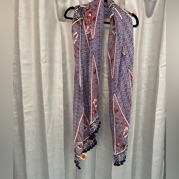 TORY BURCH Purple Floral Tassel Linen Blend Scarf - Picture 4 of 7